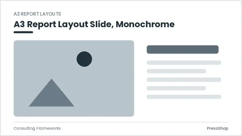 Editable PowerPoint a3 report layout slide template in a monochrome treatment, built from recolourable native shapes for consulting frameworks decks
