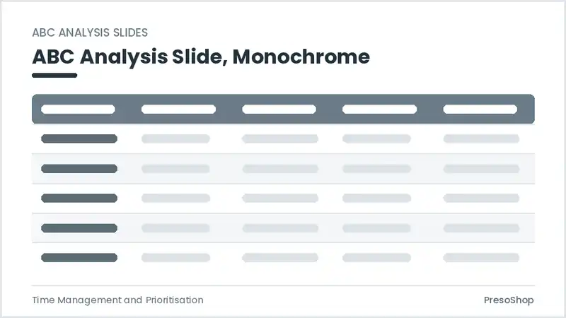 Editable PowerPoint abc analysis slide template in a monochrome treatment, built from recolourable native shapes for time management and prioritisation decks