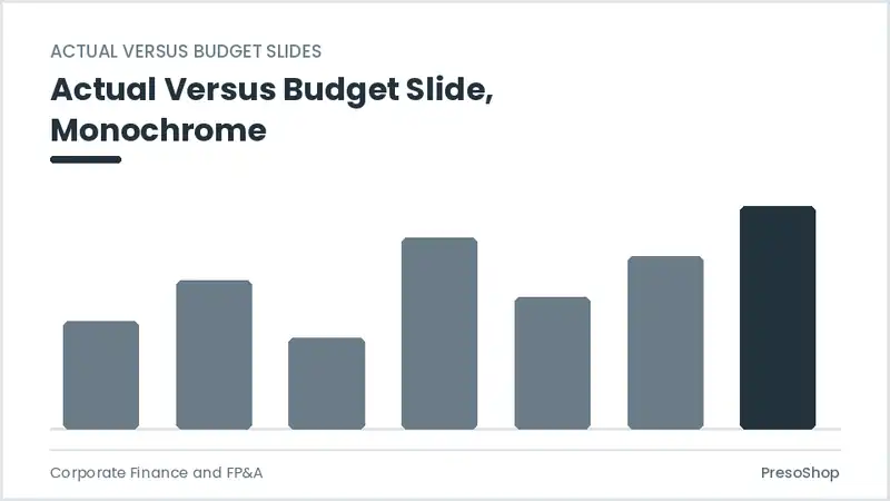 Editable PowerPoint actual versus budget slide template in a monochrome treatment, built from recolourable native shapes for corporate finance and fp&a decks