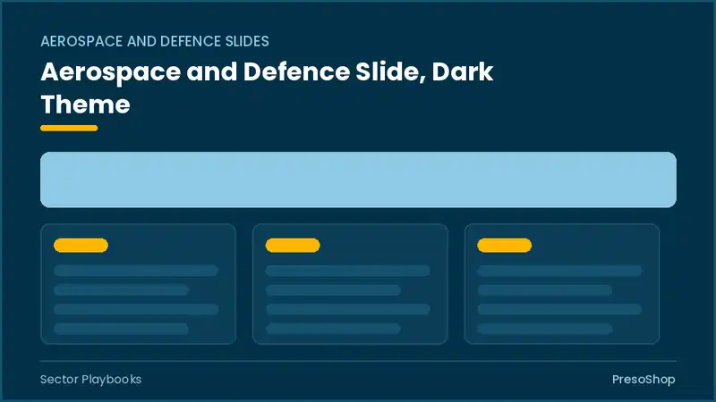 Editable PowerPoint aerospace and defence slide template in a dark theme, built from recolourable native shapes for sector playbooks decks