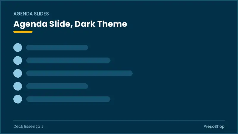 Editable PowerPoint agenda slide template in a dark theme, built from recolourable native shapes for deck essentials decks