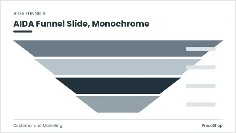Editable PowerPoint aida funnel slide template in a monochrome treatment, built from recolourable native shapes for customer and marketing decks