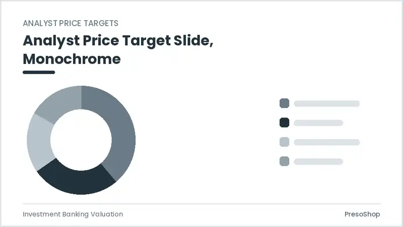 Editable PowerPoint analyst price target slide template in a monochrome treatment, built from recolourable native shapes for investment banking valuation decks