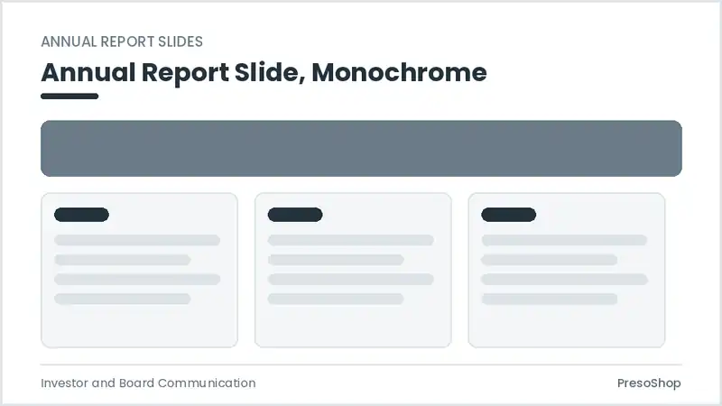 Editable PowerPoint annual report slide template in a monochrome treatment, built from recolourable native shapes for investor and board communication decks