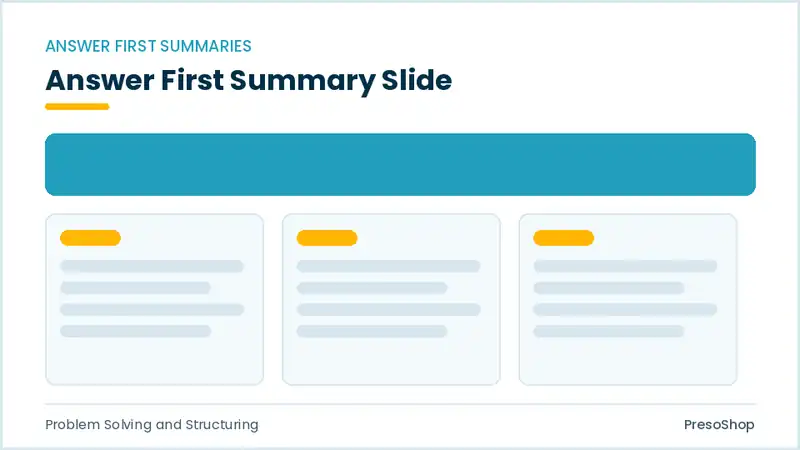 Editable PowerPoint answer first summary slide template, built from recolourable native shapes for problem solving and structuring decks
