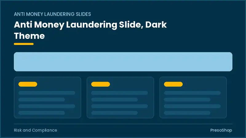 Editable PowerPoint anti money laundering slide template in a dark theme, built from recolourable native shapes for risk and compliance decks