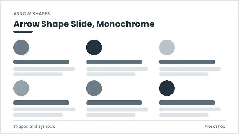Editable PowerPoint arrow shape slide template in a monochrome treatment, built from recolourable native shapes for shapes and symbols decks