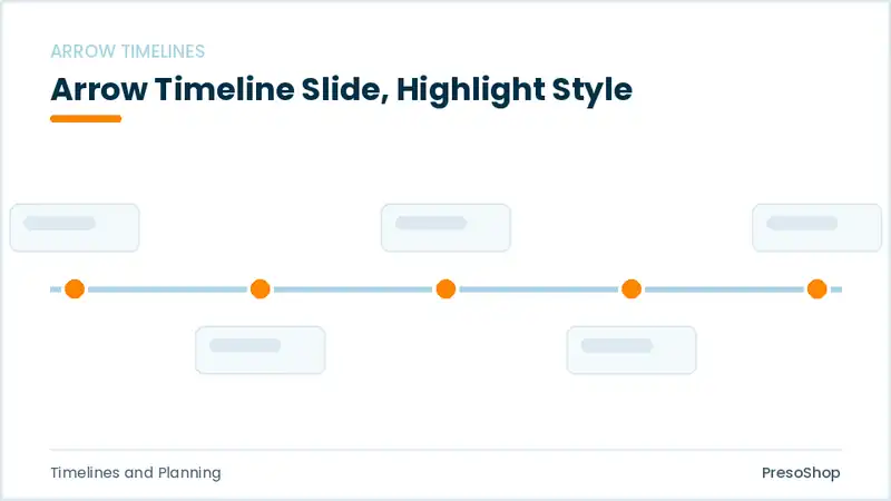 Editable PowerPoint arrow timeline slide template with an accented takeaway, built from recolourable native shapes for timelines and planning decks