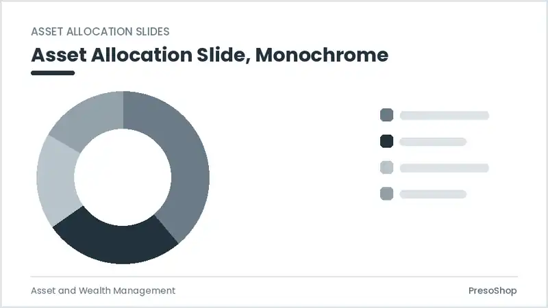 Editable PowerPoint asset allocation slide template in a monochrome treatment, built from recolourable native shapes for asset and wealth management decks