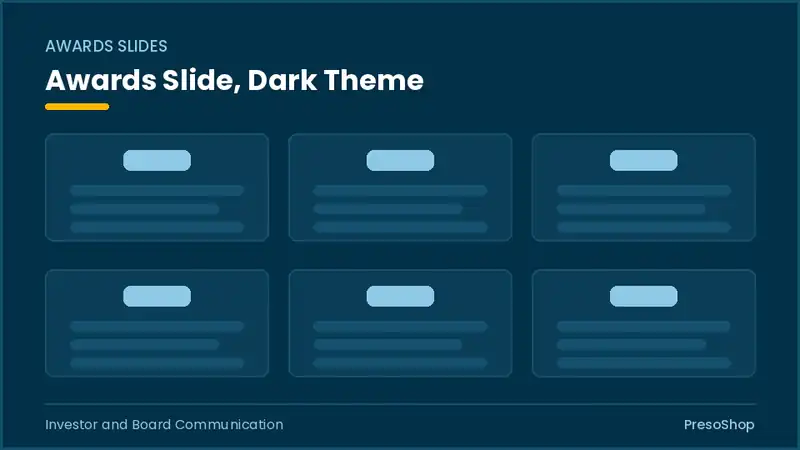 Editable PowerPoint awards slide template in a dark theme, built from recolourable native shapes for investor and board communication decks