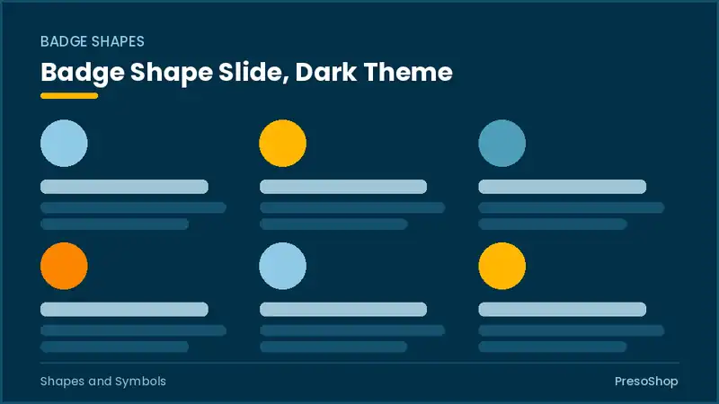 Editable PowerPoint badge shape slide template in a dark theme, built from recolourable native shapes for shapes and symbols decks