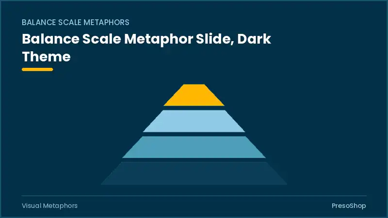 Editable PowerPoint balance scale metaphor slide template in a dark theme, built from recolourable native shapes for visual metaphors decks