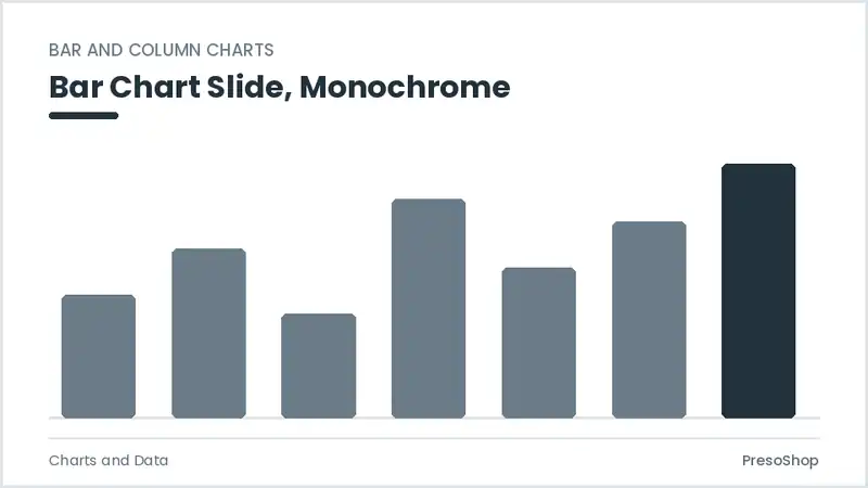 Editable PowerPoint bar chart slide template in a monochrome treatment, built from recolourable native shapes for charts and data decks