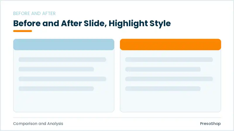 Editable PowerPoint before and after slide template with an accented takeaway, built from recolourable native shapes for comparison and analysis decks