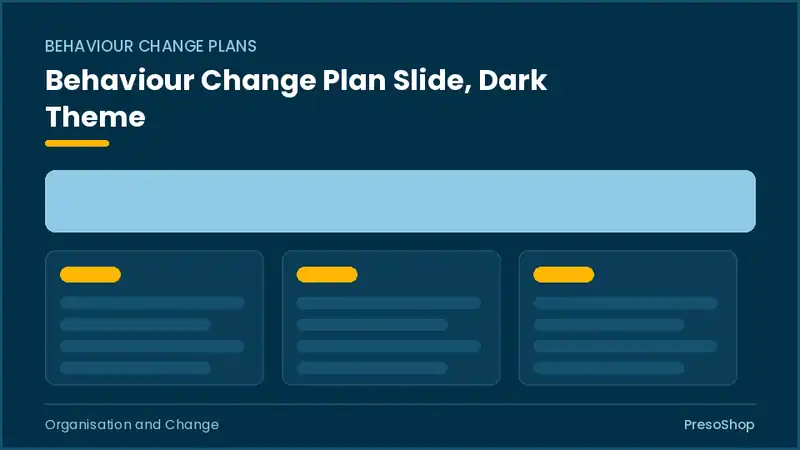 Editable PowerPoint behaviour change plan slide template in a dark theme, built from recolourable native shapes for organisation and change decks