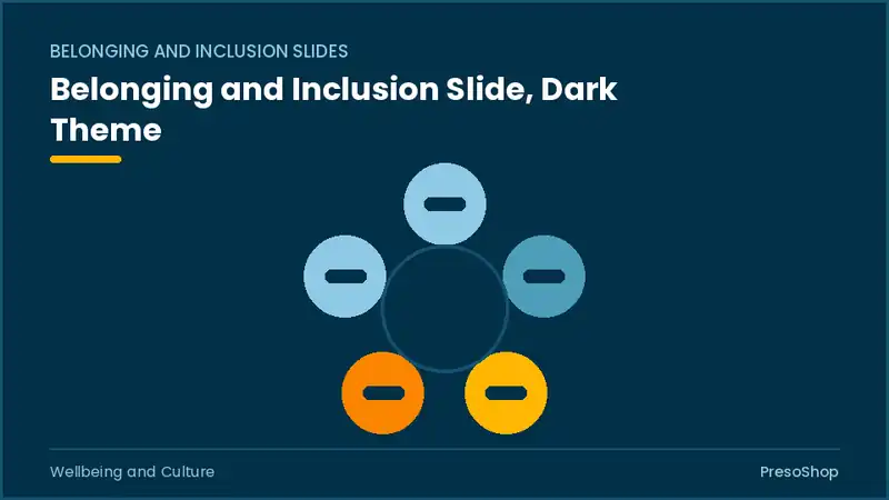 Editable PowerPoint belonging and inclusion slide template in a dark theme, built from recolourable native shapes for wellbeing and culture decks