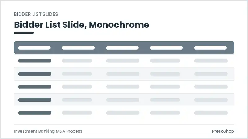 Editable PowerPoint bidder list slide template in a monochrome treatment, built from recolourable native shapes for investment banking m&a process decks