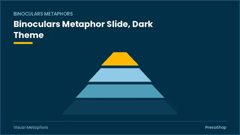 Editable PowerPoint binoculars metaphor slide template in a dark theme, built from recolourable native shapes for visual metaphors decks