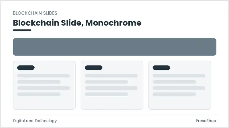 Editable PowerPoint blockchain slide template in a monochrome treatment, built from recolourable native shapes for digital and technology decks