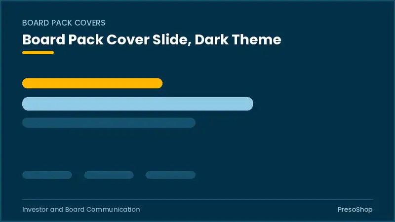 Editable PowerPoint board pack cover slide template in a dark theme, built from recolourable native shapes for investor and board communication decks