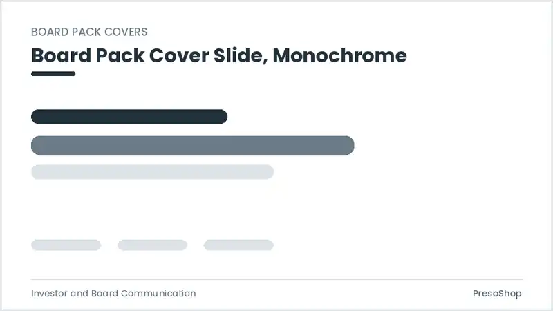 Editable PowerPoint board pack cover slide template in a monochrome treatment, built from recolourable native shapes for investor and board communication decks