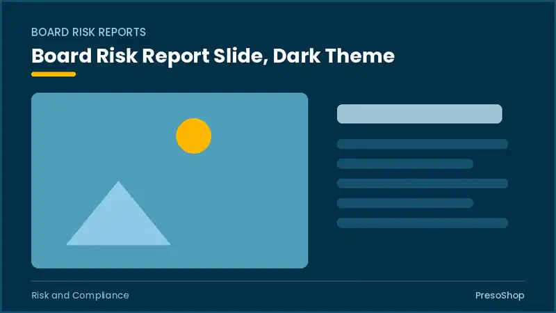 Editable PowerPoint board risk report slide template in a dark theme, built from recolourable native shapes for risk and compliance decks
