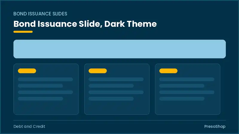 Editable PowerPoint bond issuance slide template in a dark theme, built from recolourable native shapes for debt and credit decks