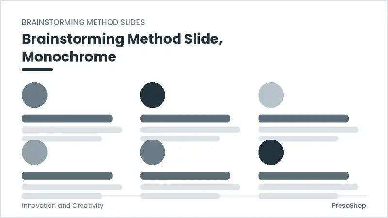 Editable PowerPoint brainstorming method slide template in a monochrome treatment, built from recolourable native shapes for innovation and creativity decks