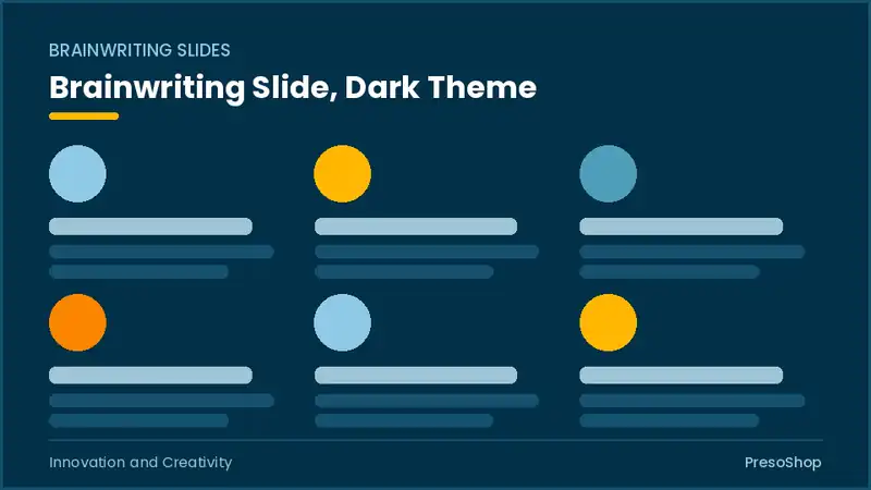 Editable PowerPoint brainwriting slide template in a dark theme, built from recolourable native shapes for innovation and creativity decks