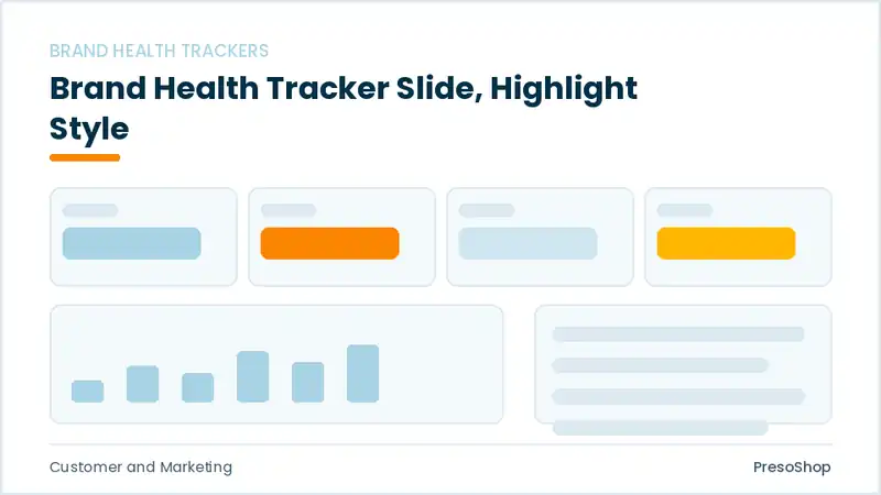Editable PowerPoint brand health tracker slide template with an accented takeaway, built from recolourable native shapes for customer and marketing decks