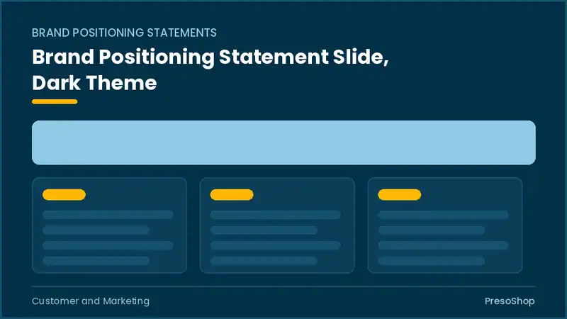 Editable PowerPoint brand positioning statement slide template in a dark theme, built from recolourable native shapes for customer and marketing decks