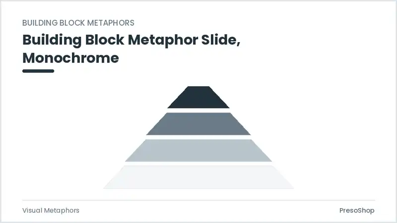 Editable PowerPoint building block metaphor slide template in a monochrome treatment, built from recolourable native shapes for visual metaphors decks