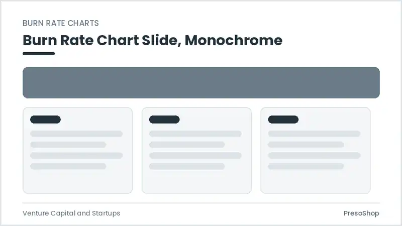 Editable PowerPoint burn rate chart slide template in a monochrome treatment, built from recolourable native shapes for venture capital and startups decks
