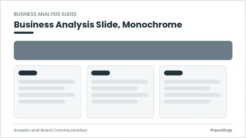Editable PowerPoint business analysis slide template in a monochrome treatment, built from recolourable native shapes for investor and board communication decks