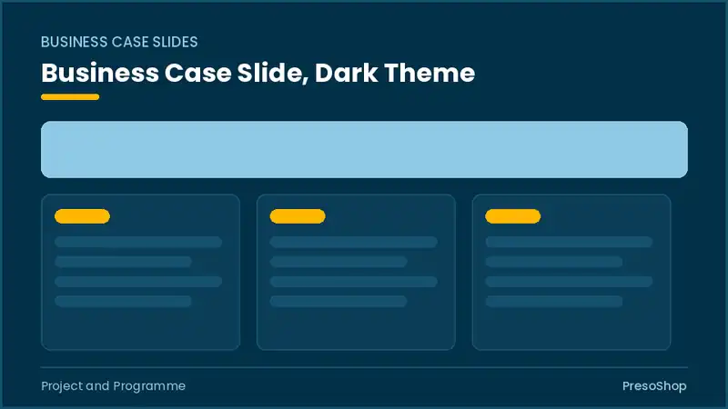 Editable PowerPoint business case slide template in a dark theme, built from recolourable native shapes for project and programme decks
