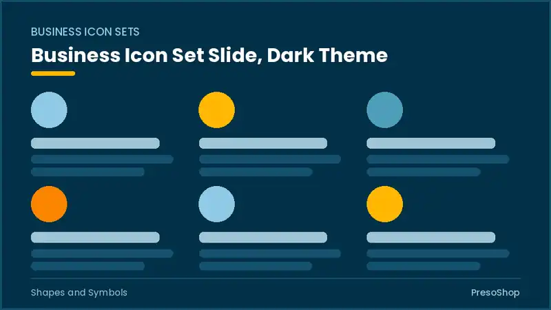 Editable PowerPoint business icon set slide template in a dark theme, built from recolourable native shapes for shapes and symbols decks