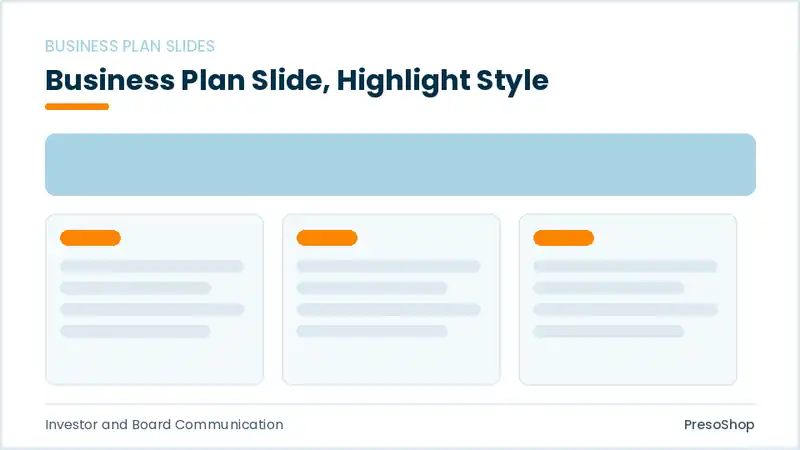 Editable PowerPoint business plan slide template with an accented takeaway, built from recolourable native shapes for investor and board communication decks
