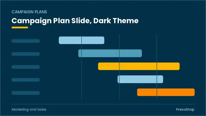 Editable PowerPoint campaign plan slide template in a dark theme, built from recolourable native shapes for marketing and sales decks