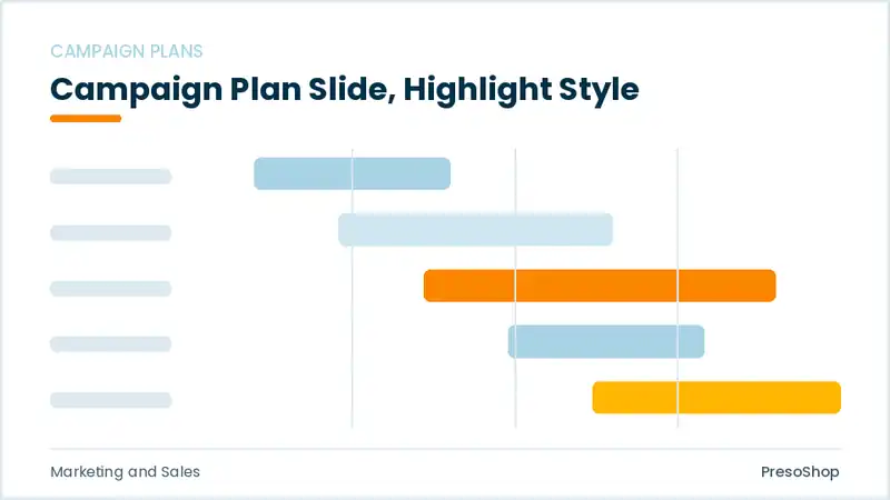 Editable PowerPoint campaign plan slide template with an accented takeaway, built from recolourable native shapes for marketing and sales decks