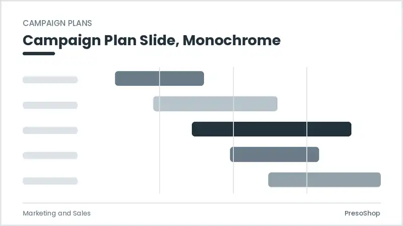 Editable PowerPoint campaign plan slide template in a monochrome treatment, built from recolourable native shapes for marketing and sales decks