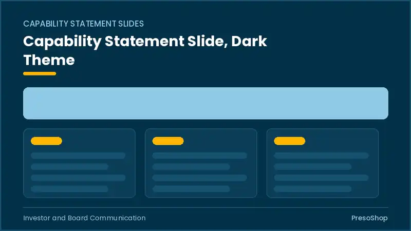Editable PowerPoint capability statement slide template in a dark theme, built from recolourable native shapes for investor and board communication decks