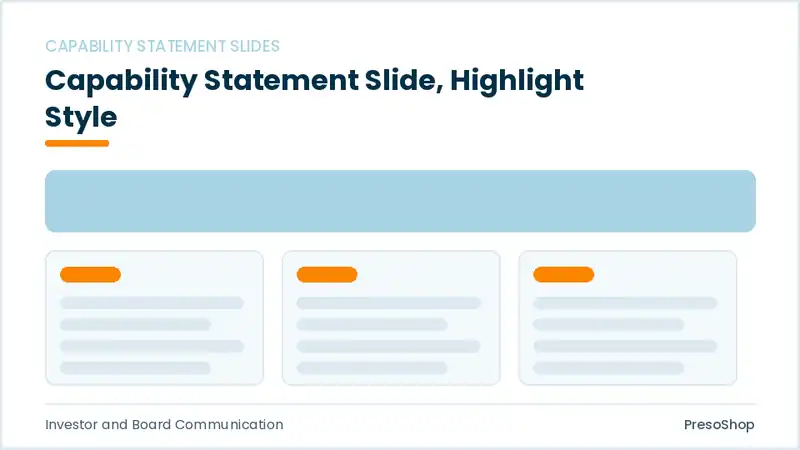 Editable PowerPoint capability statement slide template with an accented takeaway, built from recolourable native shapes for investor and board communication decks