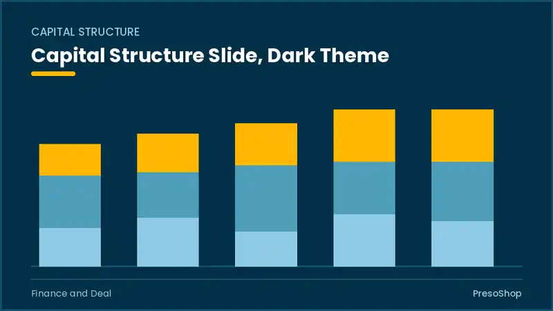 Editable PowerPoint capital structure slide template in a dark theme, built from recolourable native shapes for finance and deal decks
