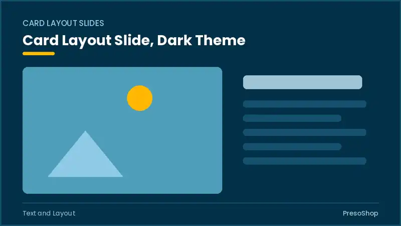 Editable PowerPoint card layout slide template in a dark theme, built from recolourable native shapes for text and layout decks