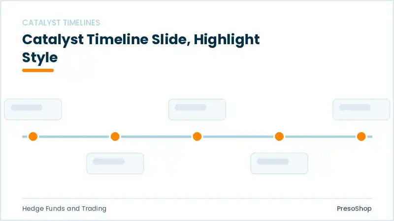 Editable PowerPoint catalyst timeline slide template with an accented takeaway, built from recolourable native shapes for hedge funds and trading decks