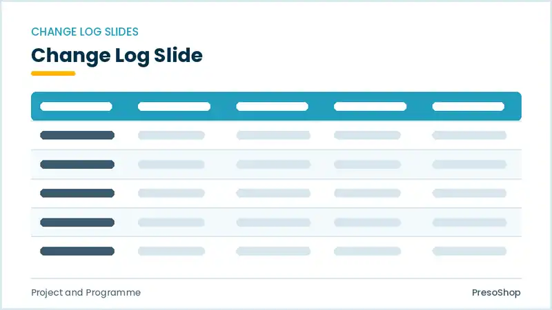 Editable PowerPoint change log slide template, built from recolourable native shapes for project and programme decks