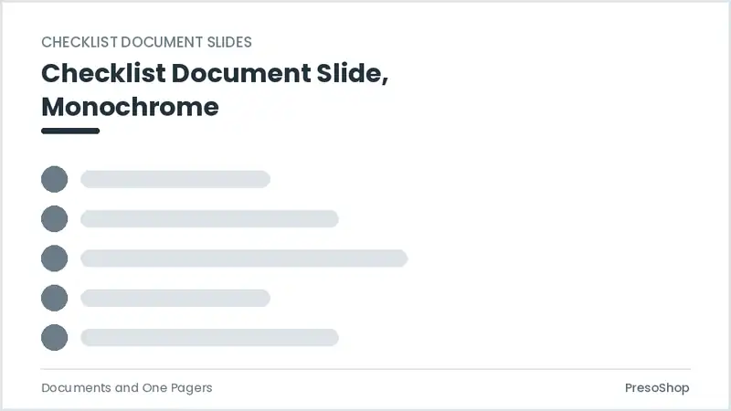 Editable PowerPoint checklist document slide template in a monochrome treatment, built from recolourable native shapes for documents and one pagers decks