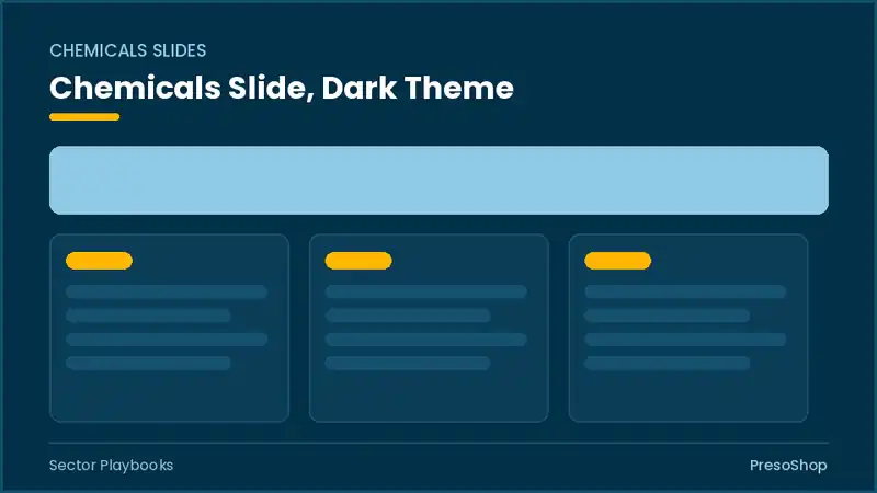 Editable PowerPoint chemicals slide template in a dark theme, built from recolourable native shapes for sector playbooks decks