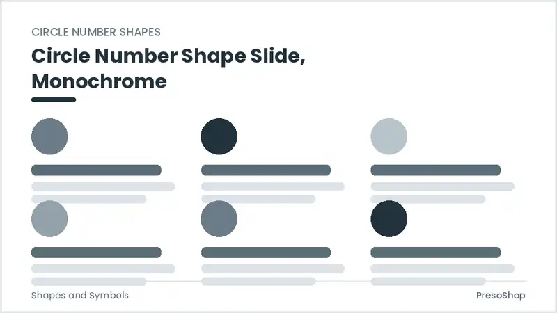 Editable PowerPoint circle number shape slide template in a monochrome treatment, built from recolourable native shapes for shapes and symbols decks