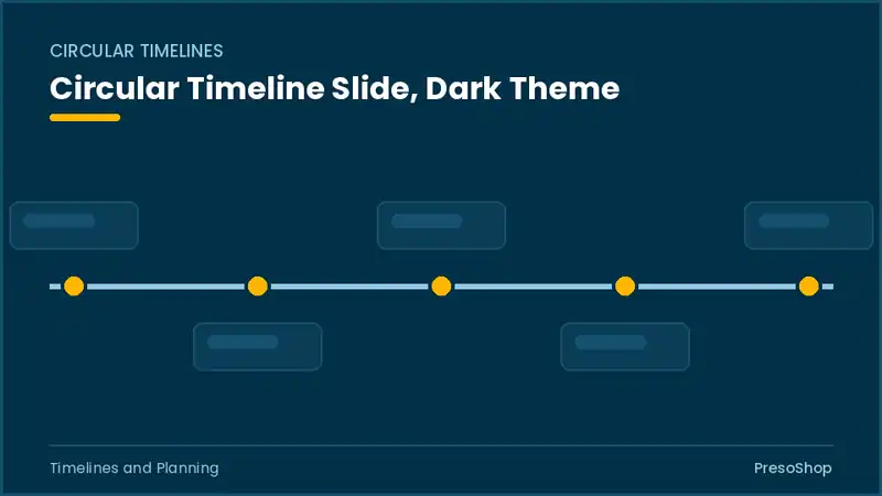 Editable PowerPoint circular timeline slide template in a dark theme, built from recolourable native shapes for timelines and planning decks